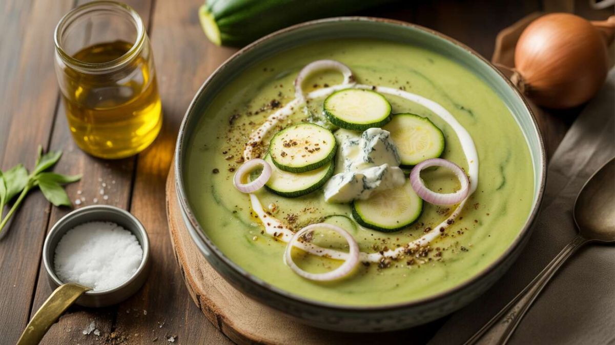 un velouté de courgettes à la crème de bleu qui réchauffe le cœur