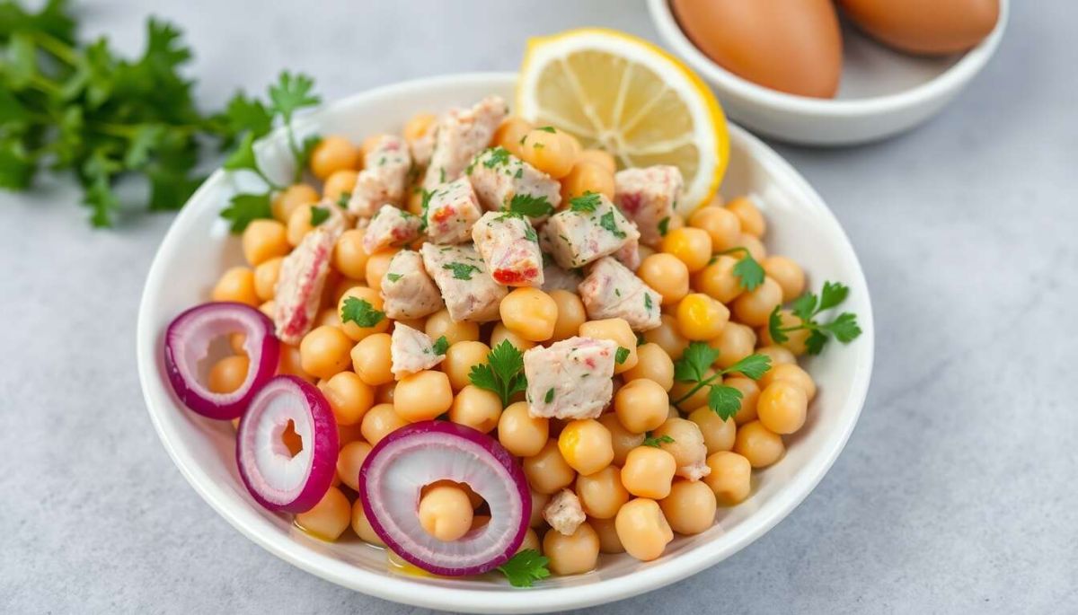 Savoureuse salade de pois chiche au thon, oignons et persil
