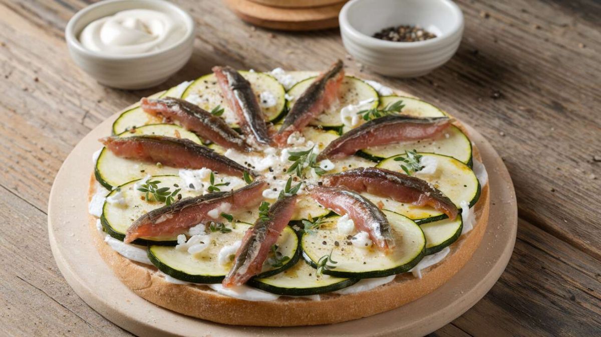 Une tarte méditerranéenne légère aux courgettes et anchois sur pain pita