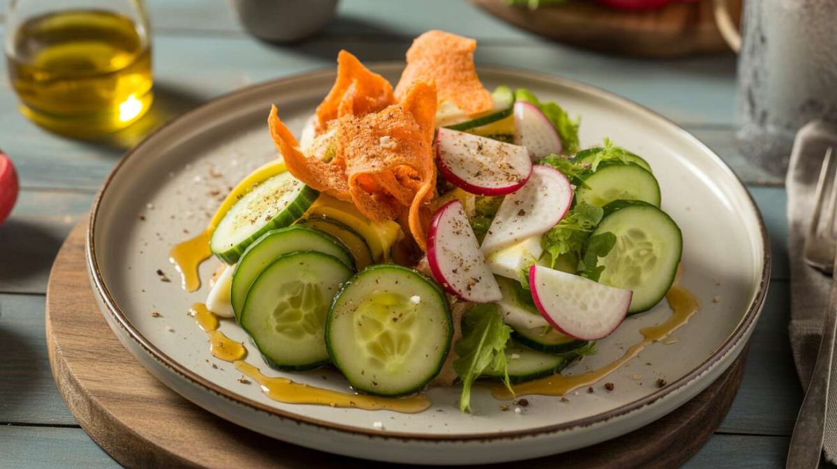 Une salade rafraîchissante : concombre, radis et croquant de carottes