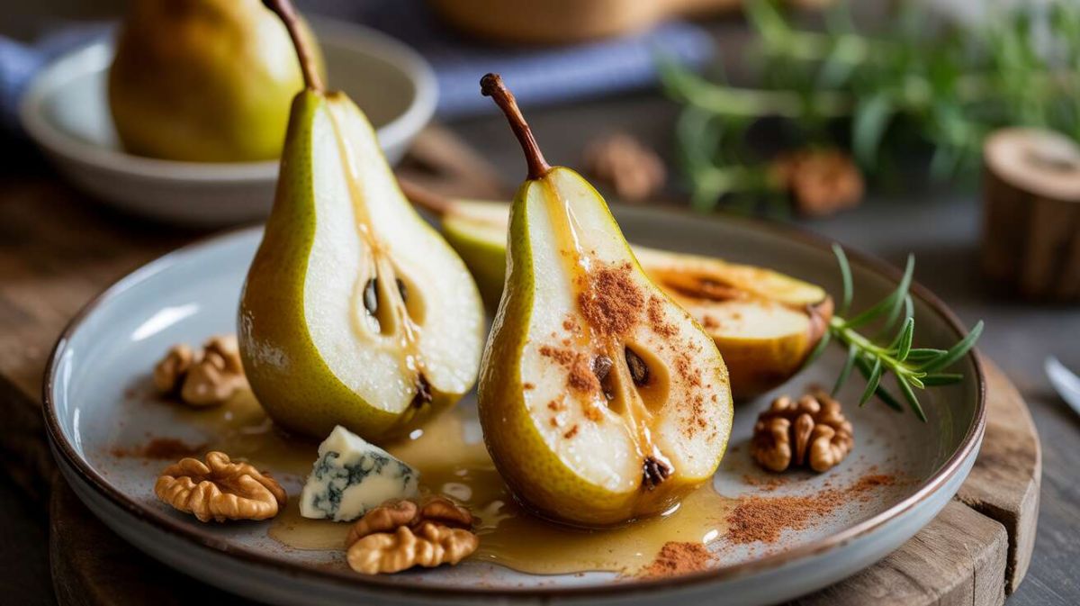 Un délice sucré-salé : poires rôties aux noix et fromage bleu