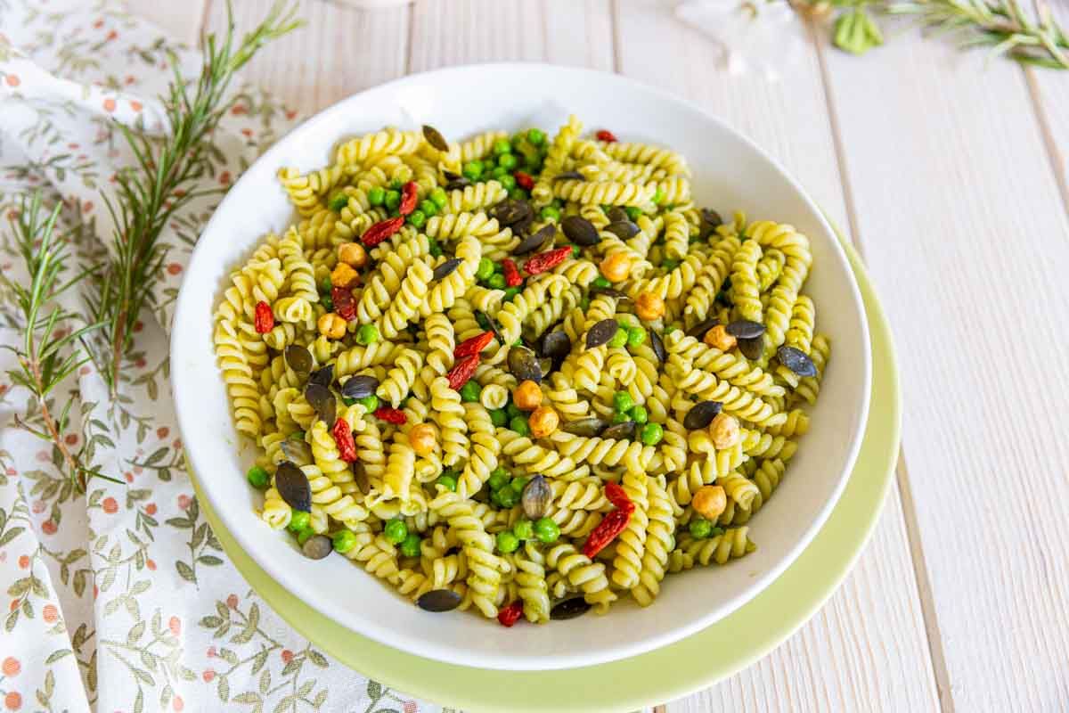 Pâtes au pesto de petits pois et épinards